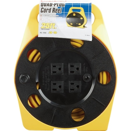 Bayco Cord Reel, Yellow Reel Color, 25 ft Length, 4 Outlets FL-755PDQ